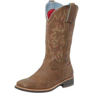 🆕Ladies Brown Embroidered Western Cowboy Boots Mid Calf Square Toe Leather
